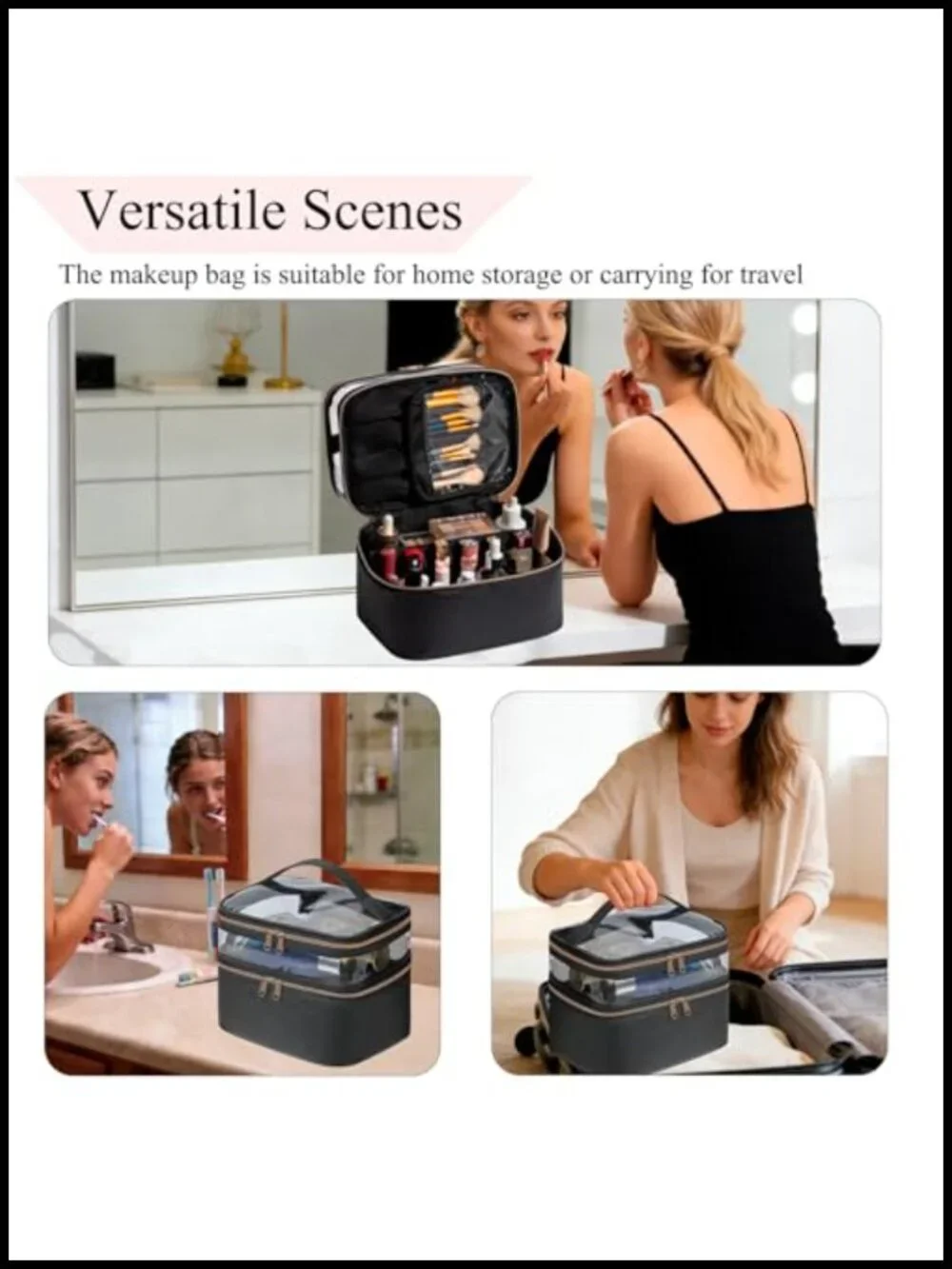 Large Double Layer Makeup Bag with Brush Storage, Waterproof Leather Toiletry